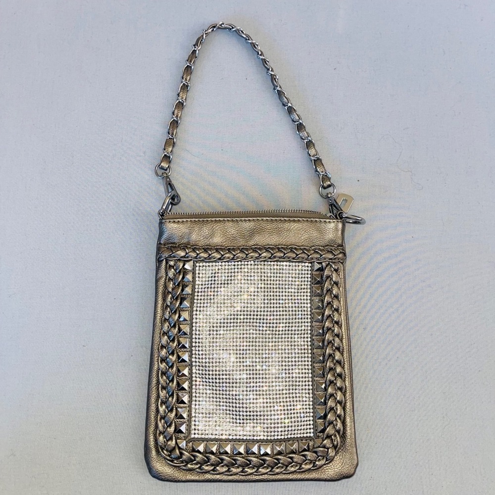 Metallic Pewter Rhinestone Studded Shoulder Bag Braided Chain Strap Crossbody